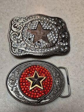Western Star Belt Buckles - Red & Silver Rhinestone Accents Lot of 2